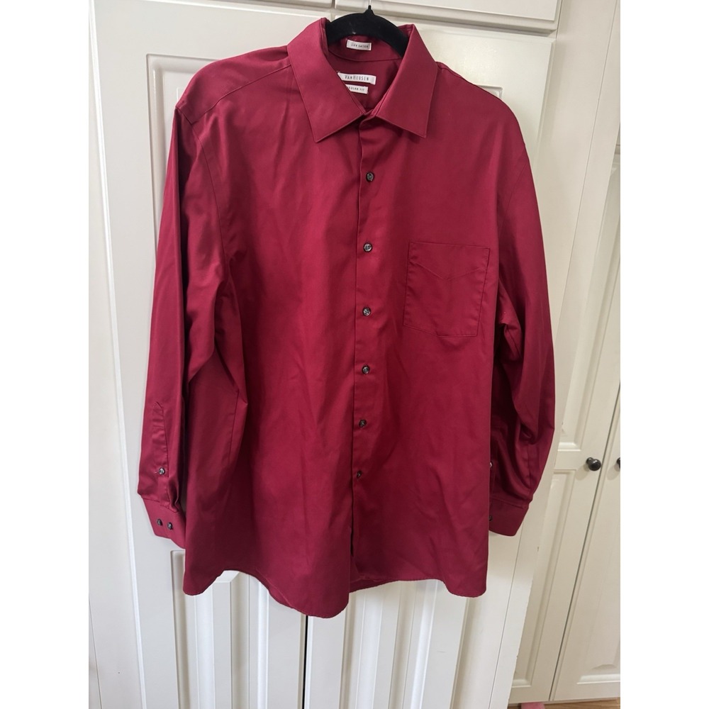 Van‎ Heusen Lux Sateen Burgundy Dress Shirt 16.5 32/33 Button Front Regular Fit
